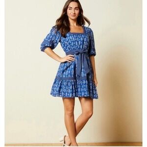 A Loves A Blue Floral Puff‎ Sleeve Cotton Dress Women's Small Boho Cottagecore